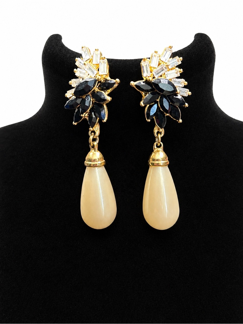 Vintage Black Rhinestone & Faux Pearl Drop Earrings (c. 1985–1990)